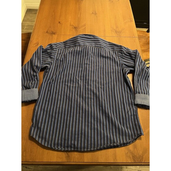 Bugatchi Uomo XL Shirt Blue Stripe Flip Cuff Modern Dress Shirt Long Sleeve‎ - Picture 7 of 7